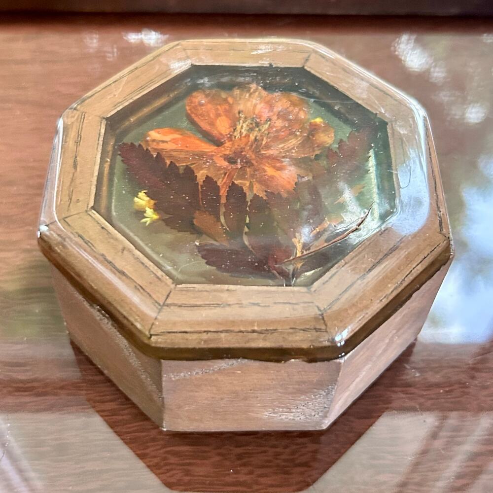 Vintage Octagon Wood Trinket Box with Pressed Flowers - 1970s Keepsake Box